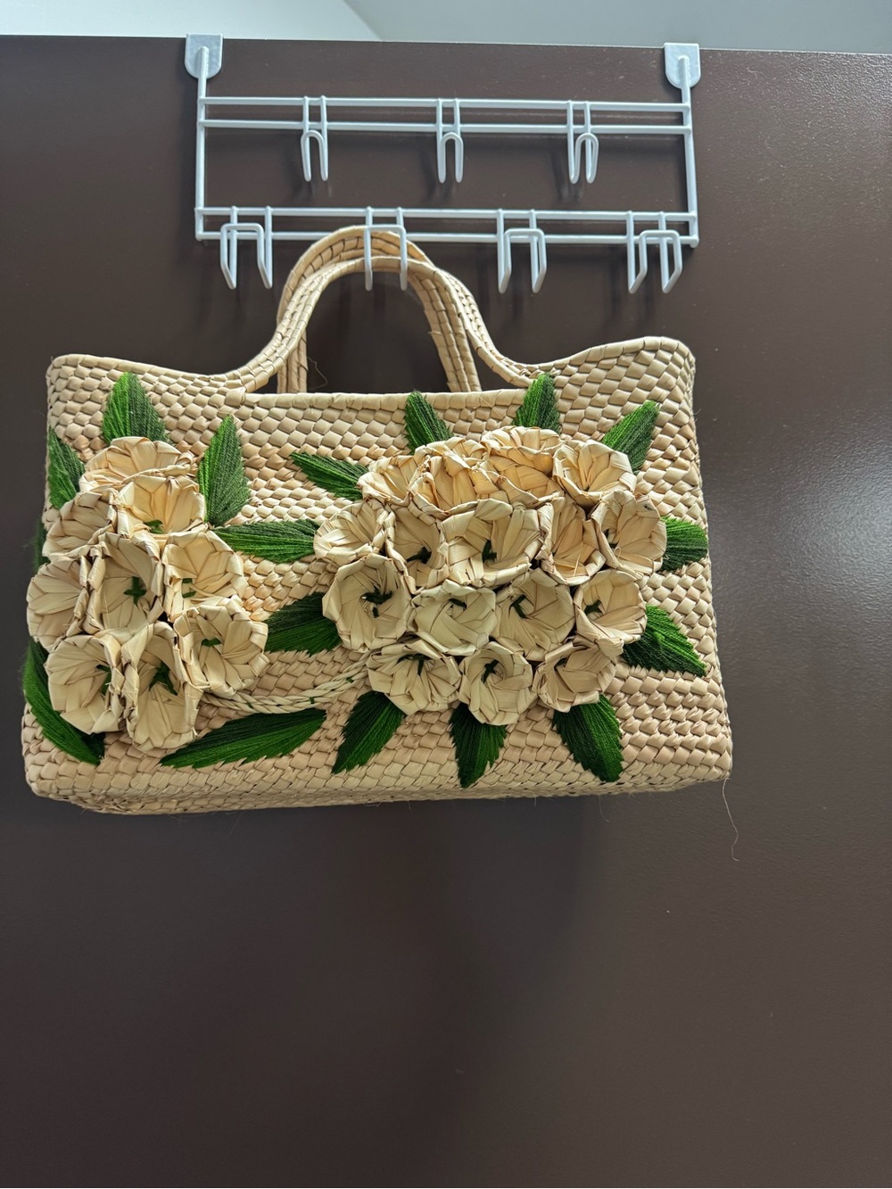 Woven Floral Straw Tote Bag in Natural